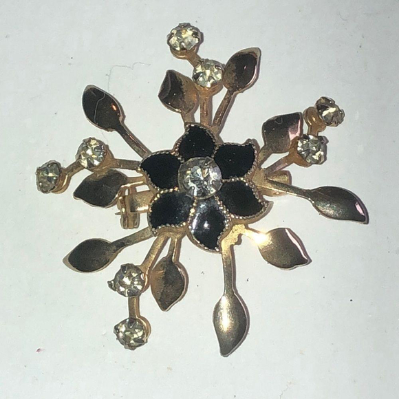 Vintage Gold Tone & CZ Rhinestone Floral Boho Brooch Shoulder Pin - Picture 1 of 6